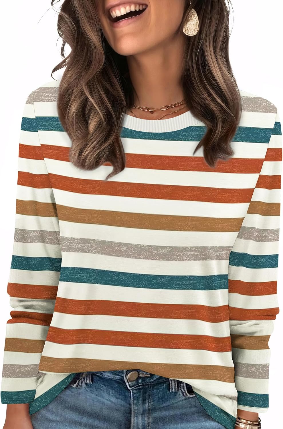 WIHOLL Womens Striped Long Sleeve Shirts Spring Outfits 2026 Color Block Tops Fashion Clothing Ribbed Crewneck Tee Blouses