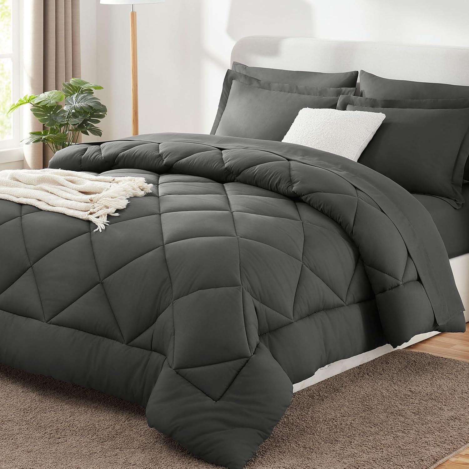 Queen Comforter Set with Sheets Dark Grey - 7 Pieces Bed in a Bag | OEKO-TEX Certified, All Season, 240GSM Down-Alternative Comforter, Sheets, Pillowcases & Shams, 14" Deep Pocket, Easy Care