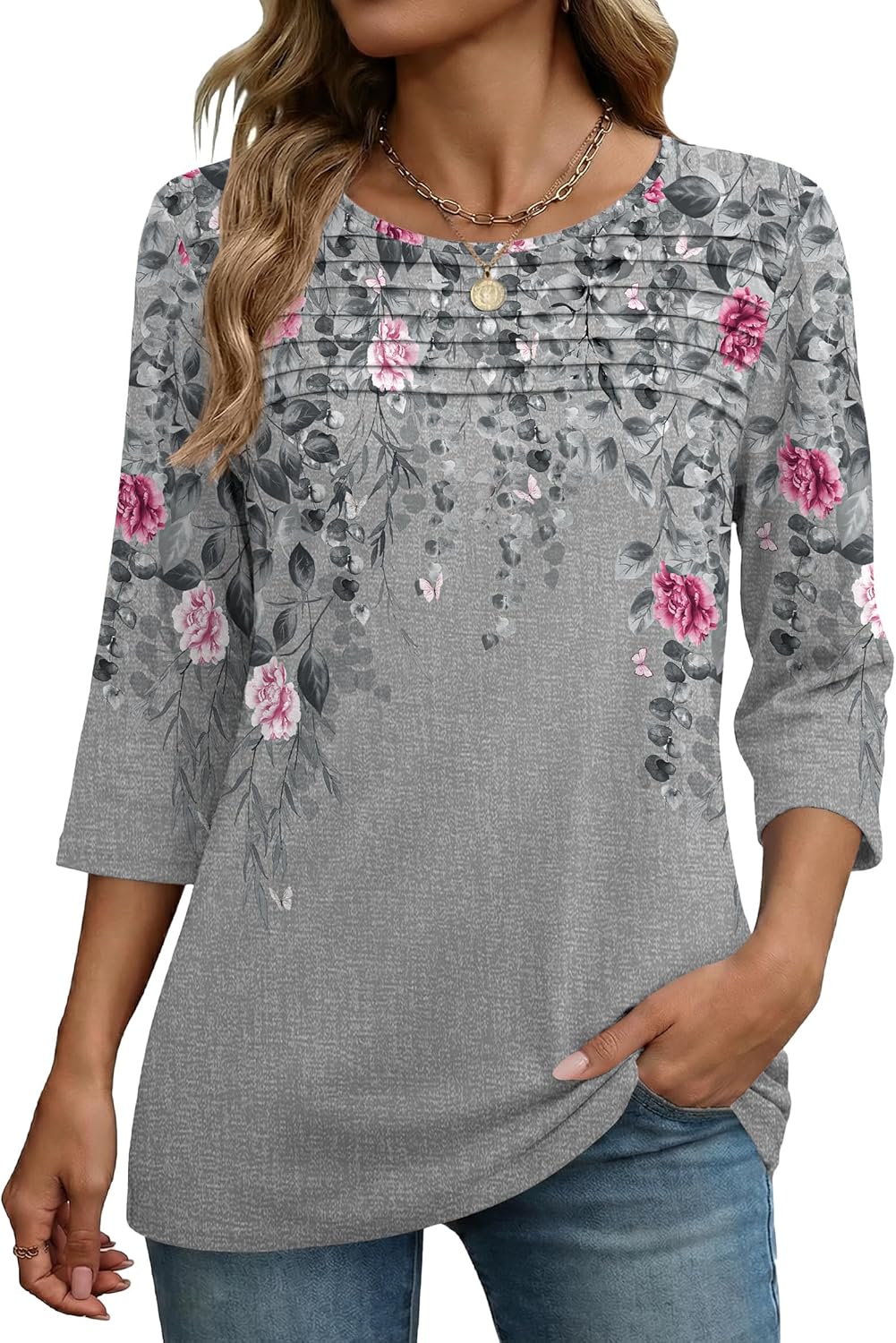 Zeagoo Womens Tops 3/4 Sleeve Blouses Dressy Casual Shirt Pleated Tunic | 3/4 length sleeve top, boho ladies shirt,loose fit summer tunic, three quarter sleeve clothes,blouses for women dressy casual