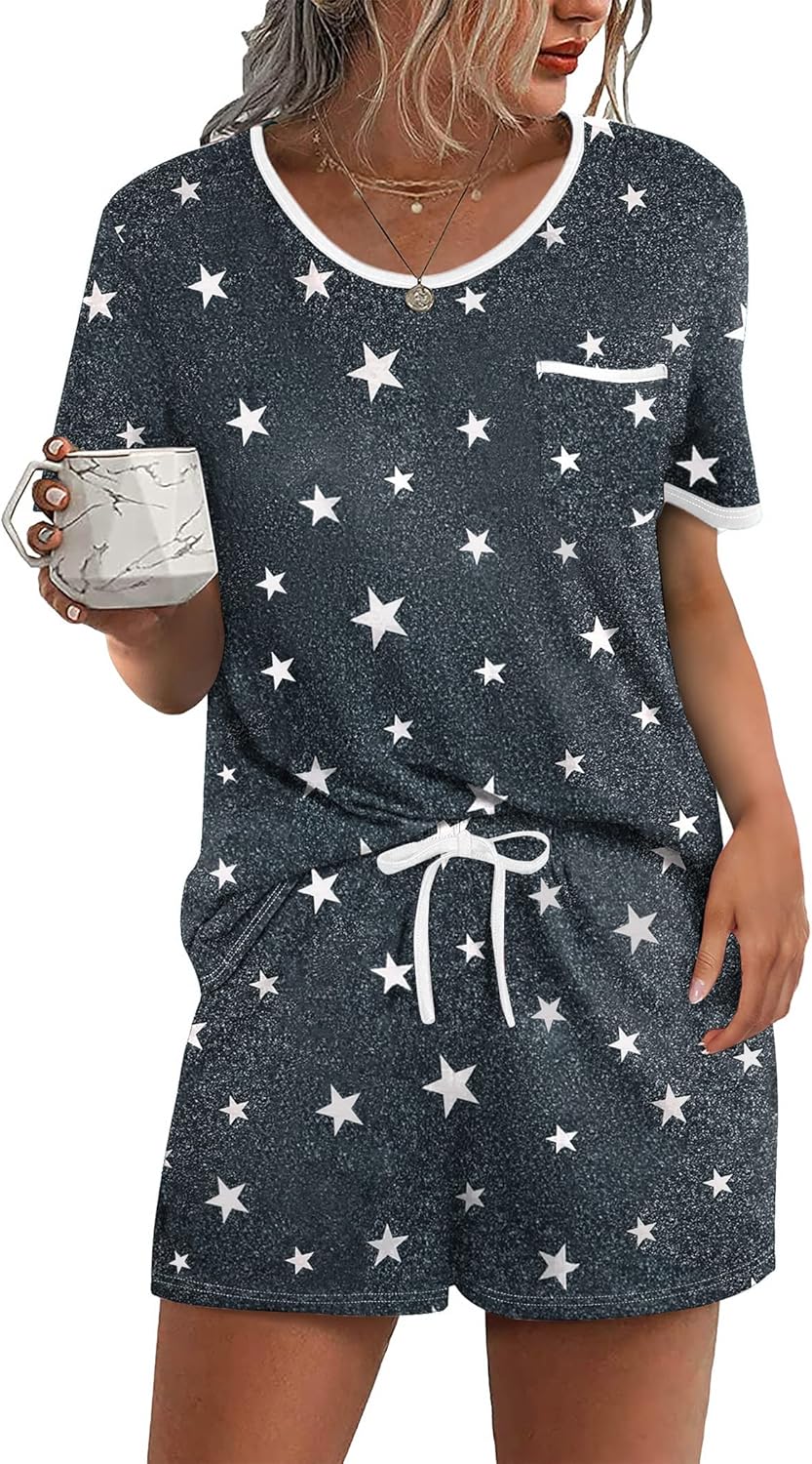 Ekouaer Pajamas for Womens Set 2 Piece Soft Sleepwear, Chest Pocket | Comfy Pjs, Casual Lounge Set, Short Sleeve Tops and Drawstring Shorts, Loungewear for Spring Summer Fall Winter