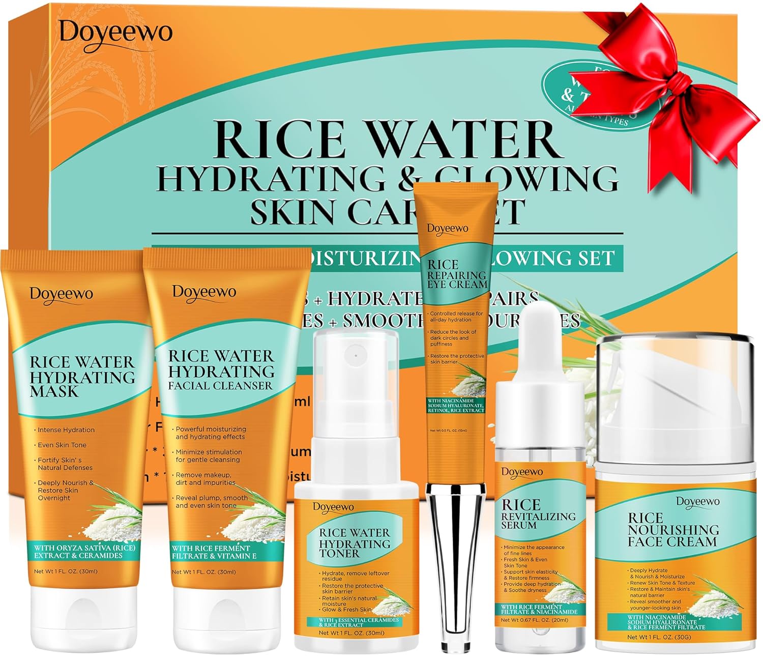 DOYEEWO Skin Care Set,6Pcs Women Teen Glass Skincare w/Korean Rice Extract,Hydrate Glow Repair Anti-Aging Facial Routine Kit Self Care Gifts for Women Mom Wife Teenage Girl Valentines Christmas Gifts