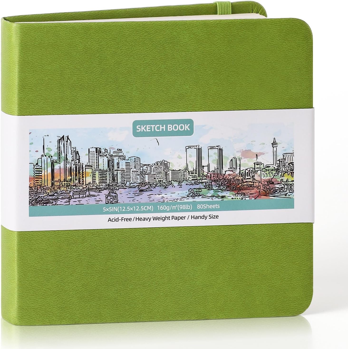 Prudiut 5" x 5" Hardcover Pocket Sketchbook, 80 Sheets, Emerald Green | 160gsm acid-free paper, elastic closure, ribbon bookmark, compact travel size for sketching on the go