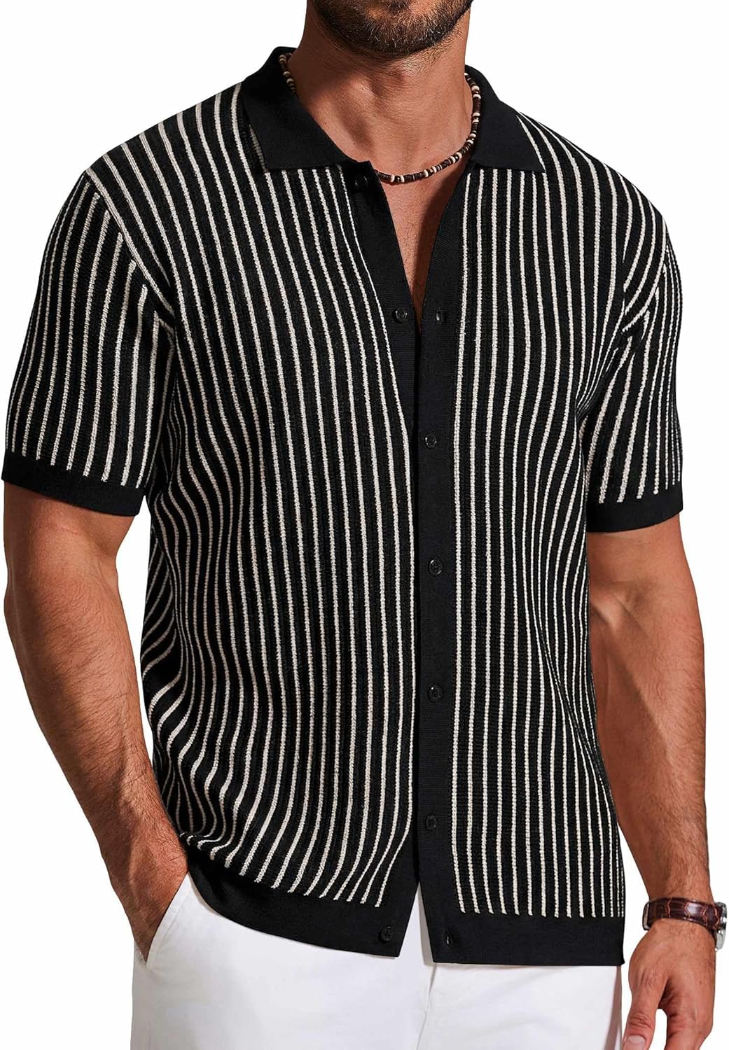 COOFANDY Mens Knit Button Down Shirts Short Sleeve Polo Shirt Vintage Striped Casual Shirts