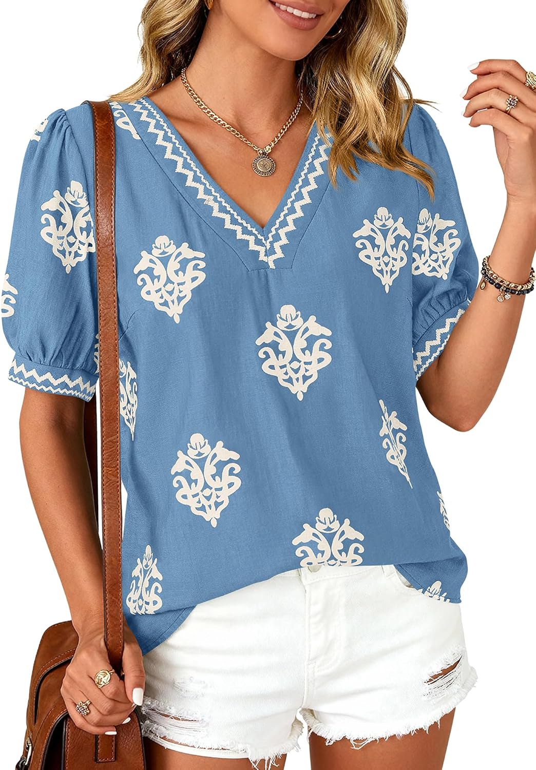 BTFBM Casual Summer T Shirts Going Out Tops for Women Beach Vacation Clothes Short Sleeve Blouses V Neck Boho Tunics