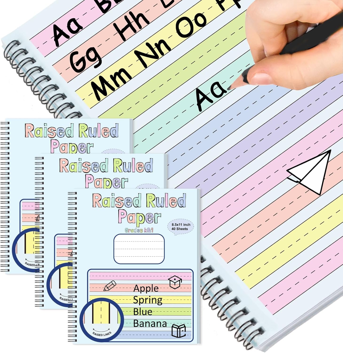 3 Pack Colored Raised Line Handwriting Paper 8.5x11 Inch Wide Ruled Writing Paper Spiral Bound with ADHD 0.63 In Spacing Multi Sensory Dysgraphia Pad Handwriting Practice Workbook for Kids Kindergarte