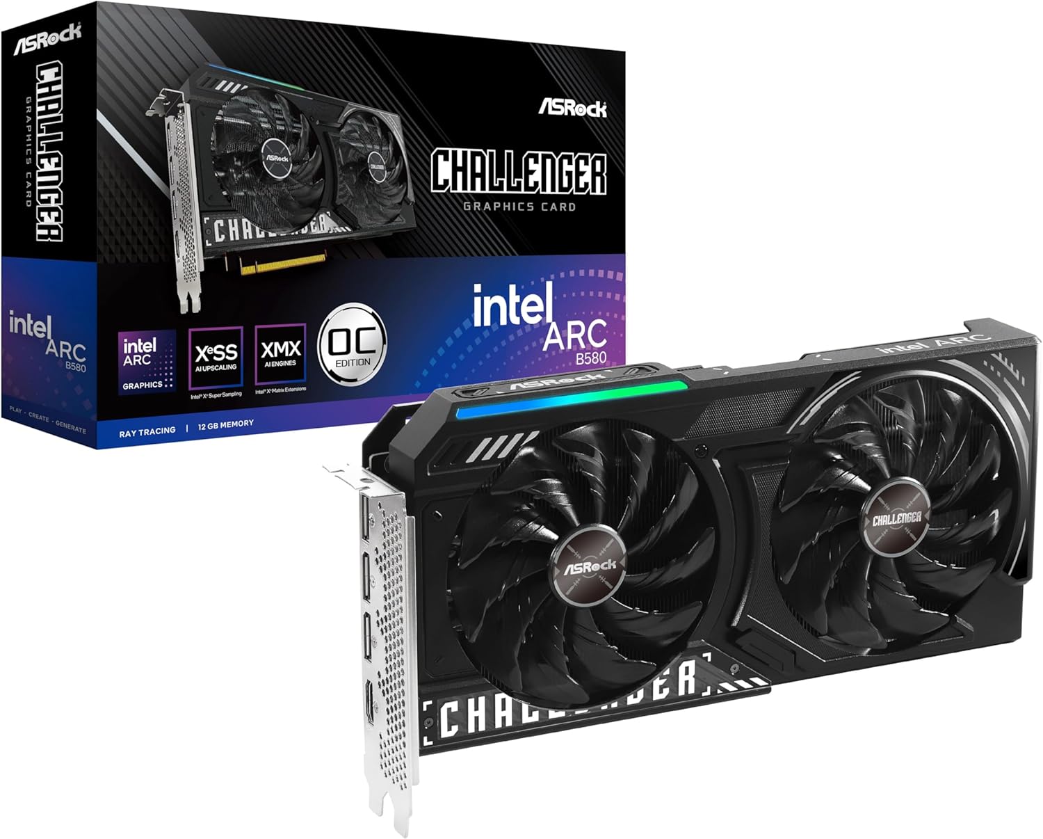 ASRock Intel Arc B580 Challenger 12GB OC Graphics Card, Xe2-HPG, 2740MHz GPU, 12GB GDDR6 192 Bits, PCIe 4.0, Dual Fans, 0dB Silent, DP 2.1, HDMI 2.1a