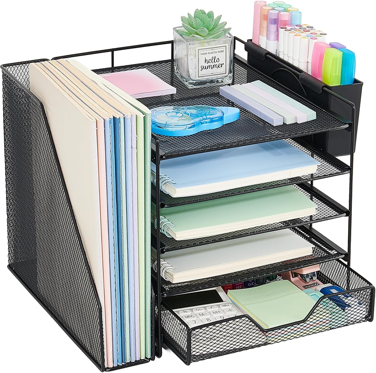5-Tier Desk File Organizer with Drawer & Pen Holder (Black) | Desk Organizers and Accessories, Office Desk Accessories & Workspace Desktop Organizers for Classroom, Home, Office Supplies
