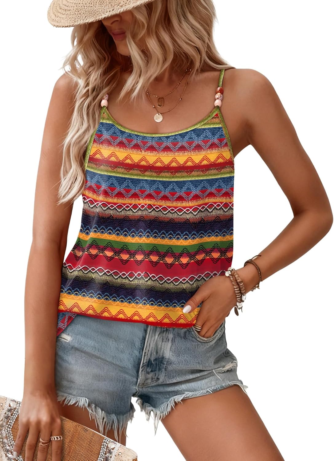 WIHOLL Tank Tops for Women Beaded Spaghetti Strap Cami Flowy Scoop Neck Sleeveless Summer Beach Vacation Spring Clothes