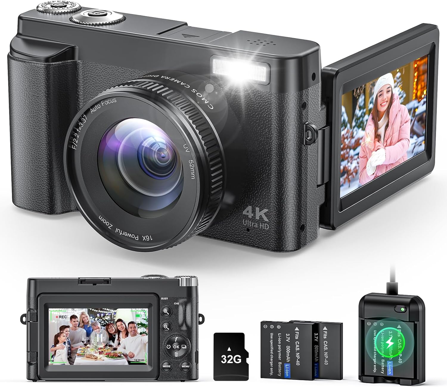 4K Digital Camera for Beginners & Teens, Autofocus 48MP Vlogging Camera for YouTube, 3'' 180°Flip Screen Camera with Flash 16X Zoom, 32G Card Battery Charger Black, Easy to Use