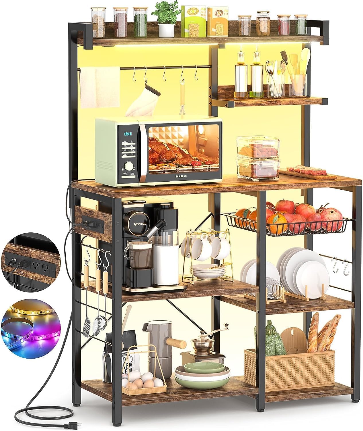 Aheaplus Bakers Rack with Power Outlet and LED light strings, Microwave Oven Stand Kitchen Storage Shelf with Wire Basket, Coffee Bar Station Island table with 10 hooks for Spices, Pots, Rustic Brown