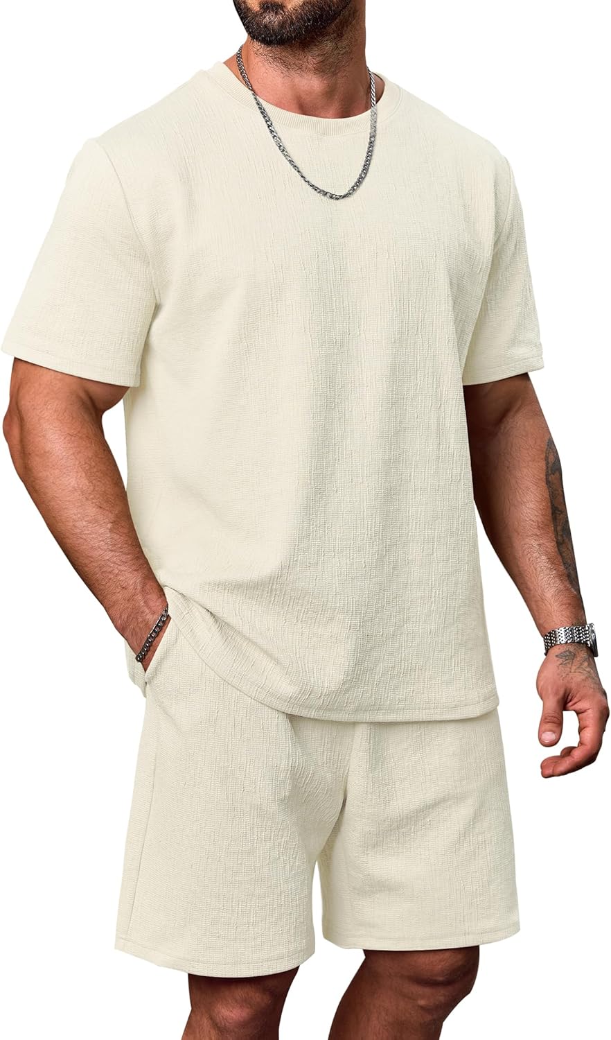 VOGSTART Mens 2 Piece Sets Loose Fit Textured Heavyweight Tshirt & Drawstring 7'' Shorts Casual Summer Outfits (S-XXL)