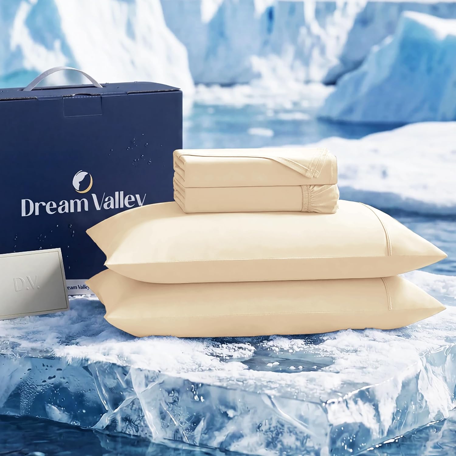 Dream Valley 4 PCS Cooling Sheets King Size with 2 Pillowcases, Light Beige | Cooling Fitted Breathable Bed Sheets & Flat Sheet for Night Sweats & Hot Sleepers, Q-Max >0.45 Aerocool, Deep Pocket 16"