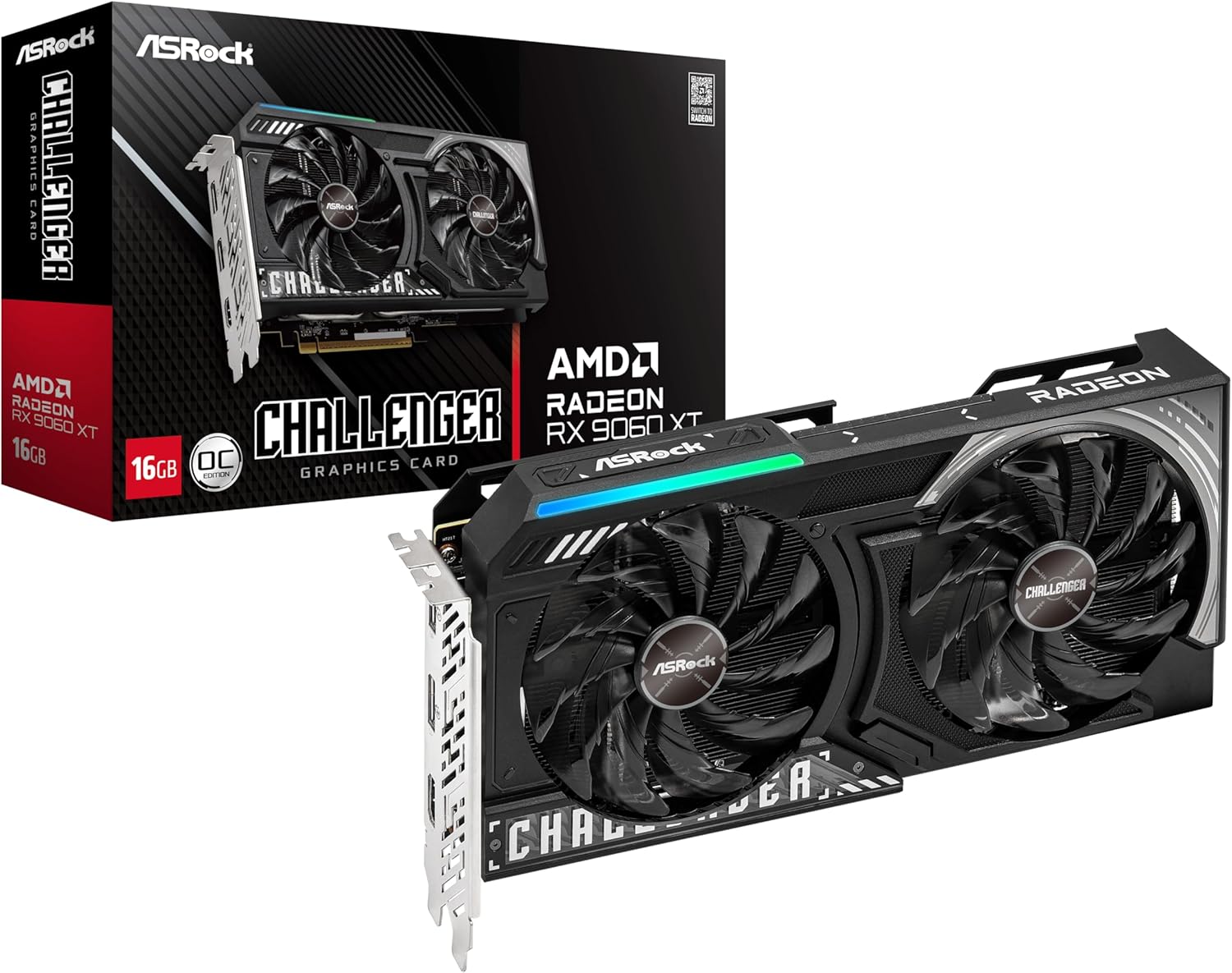 ASRock Radeon RX 9060 XT Challenger 16GB OC, RDNA 4, 3290MHz Boost, 16GB GDDR6 128-bit, PCIe 5.0, Dual Fans, 0dB Silent, LED Indicator, DisplayPort 2.1a, HDMI 2.1b