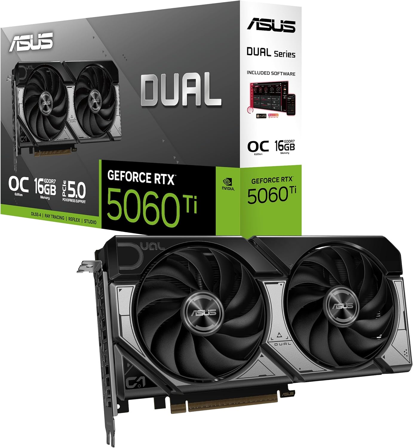 ASUS Dual NVIDIA GeForce RTX 5060 Ti 16GB GDDR7 OC Edition Graphics Card, (PCIe 5.0, DLSS 4, HDMI 2.1b, DisplayPort 2.1b, 2.5-Slot, Axial-tech Fan, 0dB Technology), 3 Year Warranty