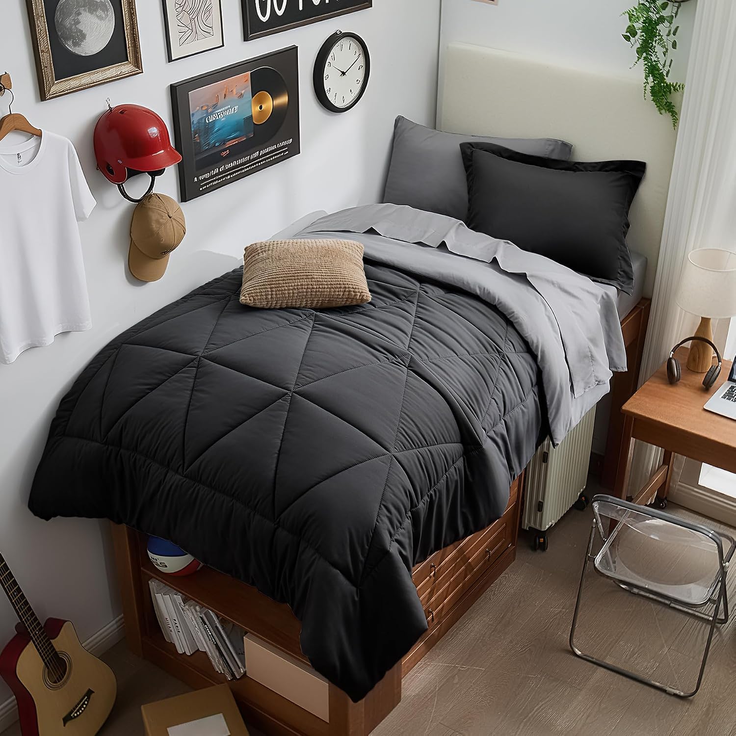 BEDELITE Twin XL Comforter Set 5 Pieces, Reversible Black Bed in A Bag | Soft All Season Down-Alternative Comforter, Sheets, Pillowcases & Shams, OEKO-TEX Certified Bedding for Drom Room, College
