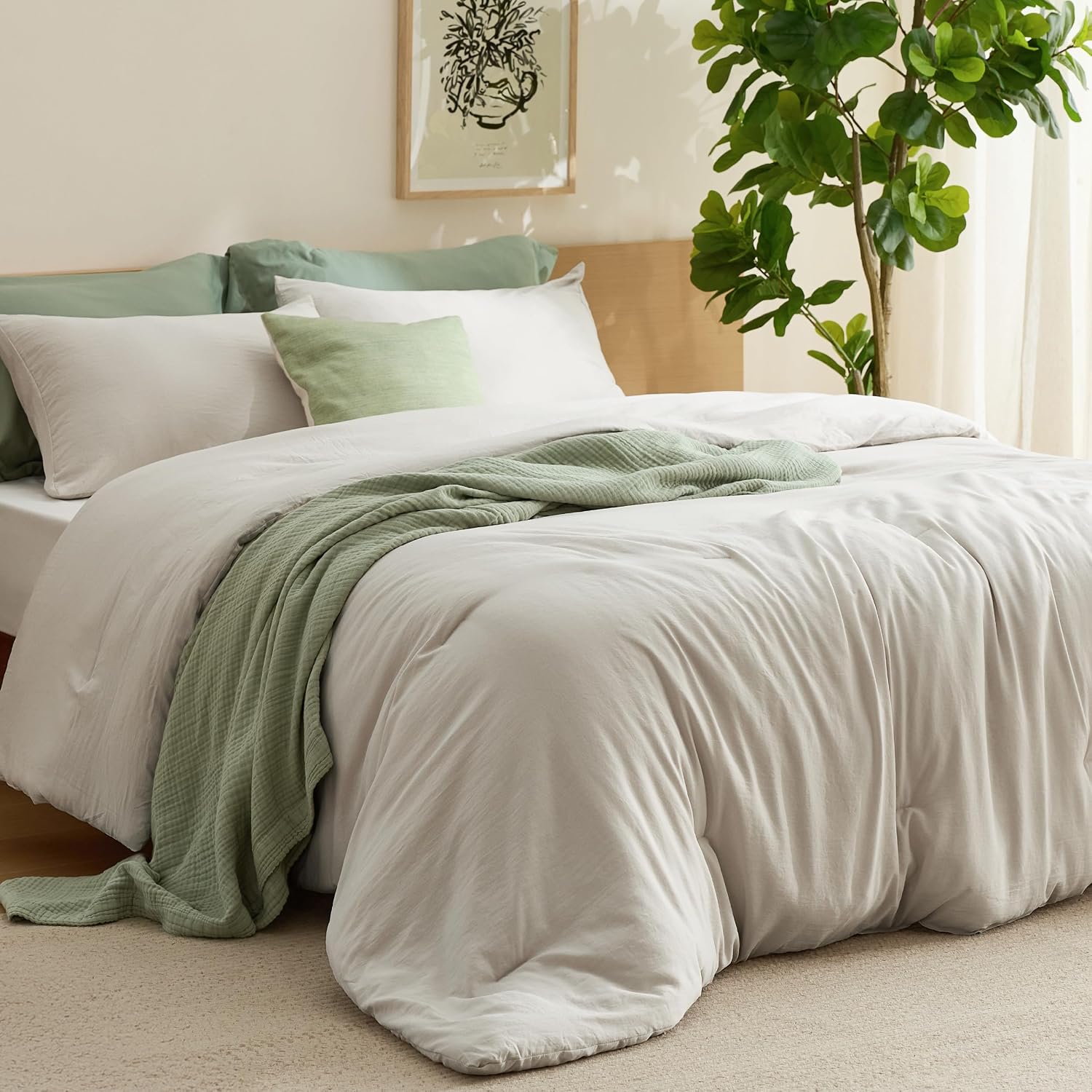 Bedsure Queen Comforter Set, Beige Soft Prewashed Bedding for All Seasons, 3 Pieces GentleSoft™ Bed Set, 1 Lightweight Comforter (90"x90") and 2 Pillowcases (20"x26")