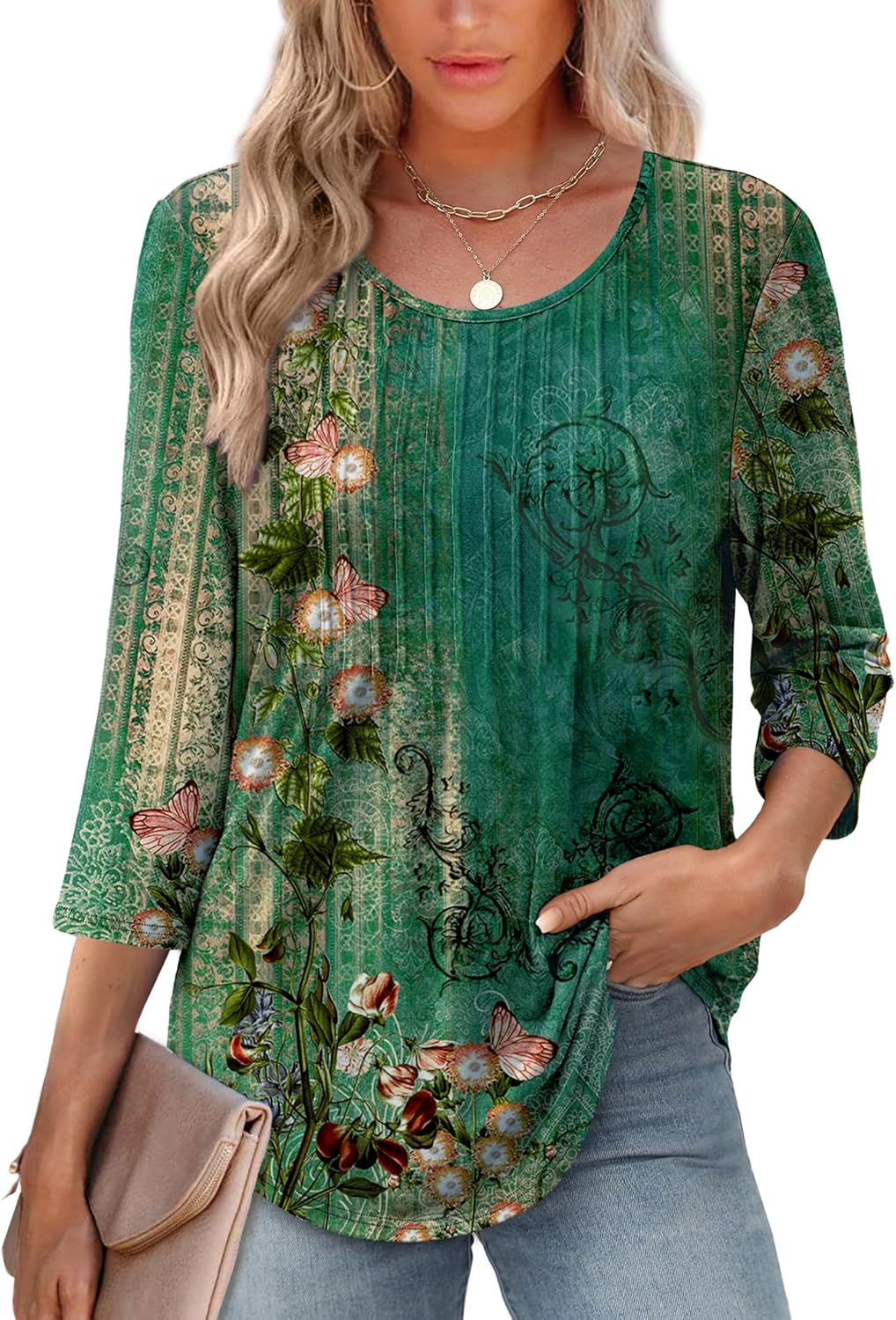 XIEERDUO 3/4 Length Sleeve Tops for Women 2026 Crewneck Casual Pleated Tunic Tops Shirts Blouses