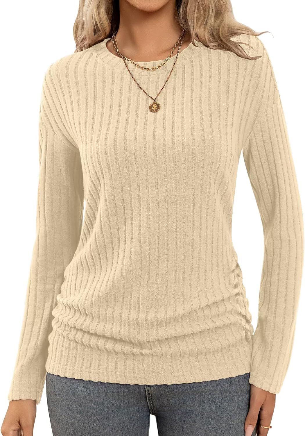 Bliwov Long Sleeve Shirts for Women Fall Fashion Outfits CrewNeck Tops Sides Ruched Spring Pullover Sweaters Tunic Clothes