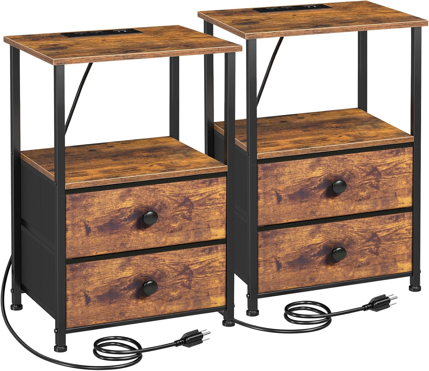 Night Stand, Nightstands Set of 2 with Charging Station | Bedside Table with 2 Fabric Drawers for Bedroom, End Tables with Storage Shelf for Small Spaces, Rustic Brown
