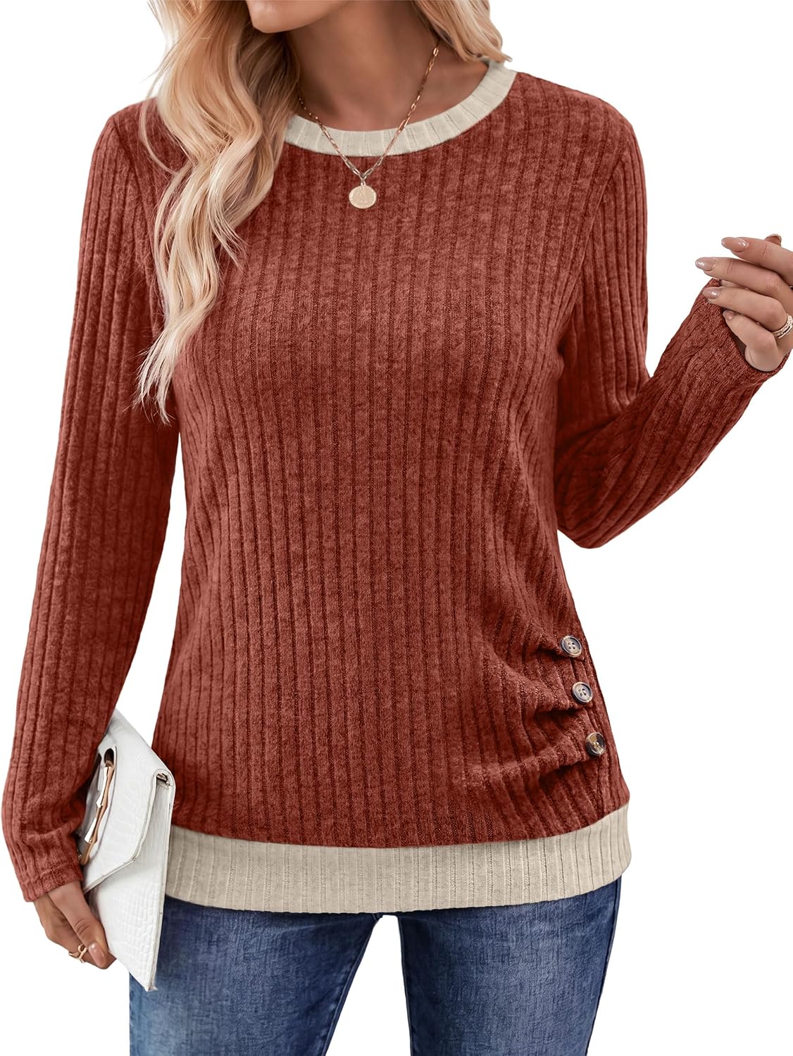 Sampeel Long Sleeve Shirts for Women Lightweight Sweaters Fall Tops | Color Block, Ruched Button Decor, Loose Fit, Tunic Length, Dressy Casual, Work to Weekend Outfits, Fashion Clothing