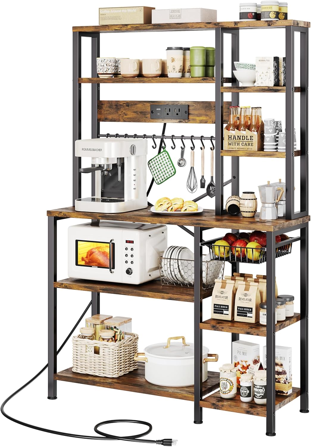 GRUSIGN Kitchen Bakers Rack with Storage, 6-Tier Coffee Bar Station with Power Outlet, Microwave Stand with 12 S-Shaped Hooks, Open Kitchen Storage Shelves for Spices, Pots and Pans, Rustic Brown