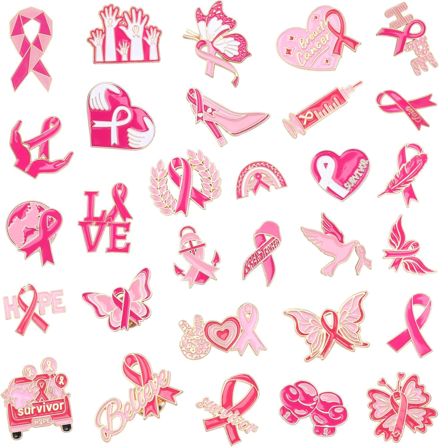 SANNIX 60Pcs Breast Cancer Pins, Pink Ribbon Enamel Lapel Pins Brooch Badge | Bulk for Breast Cancer Awareness Accessories, Survivor Month Charity Event, Party Favors, 30 Styles