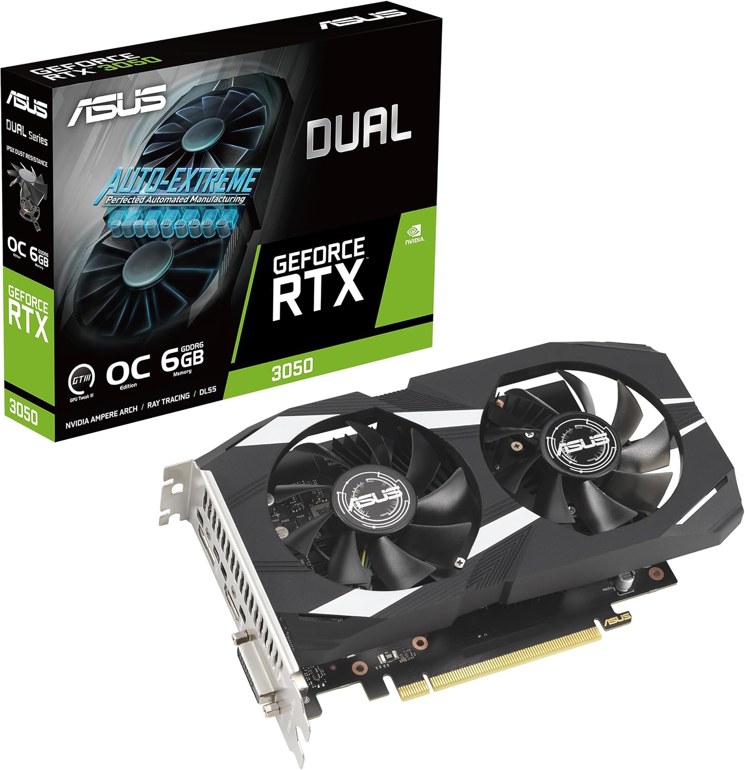 ASUS Dual NVIDIA GeForce RTX 3050 6GB GDDR6 OC Edition Gaming Graphics Card - PCIe 4.0, HDMI 2.1, DisplayPort 1.4a, 2-Slot Design, Axial-tech Fan Design, Steel Bracket, 3 Year Warranty