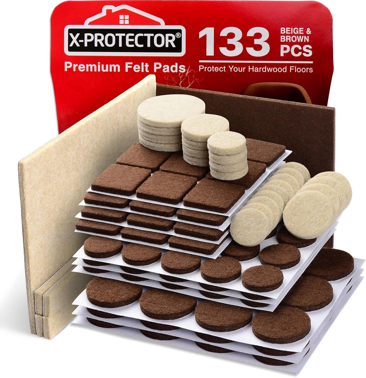 Felt Furniture Pads X-PROTECTOR 133 PCS Premium Furniture Pads - Felt Pads | Furniture Feet Wood Floor Protectors - Protect Your Hardwood & Laminate Flooring! Brown and Beige