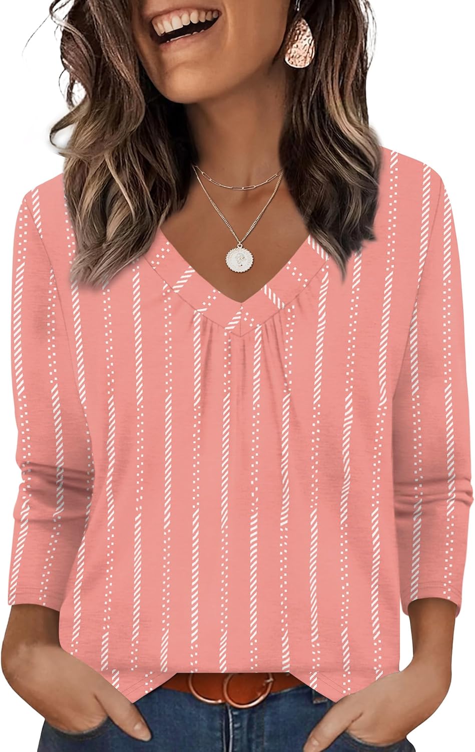 OFEEFAN 3/4 Length Sleeve Womens Tops Pleated Front V Neck Tunic Shirts Loose Blouses Dressy Casual Summer Spring Fashion