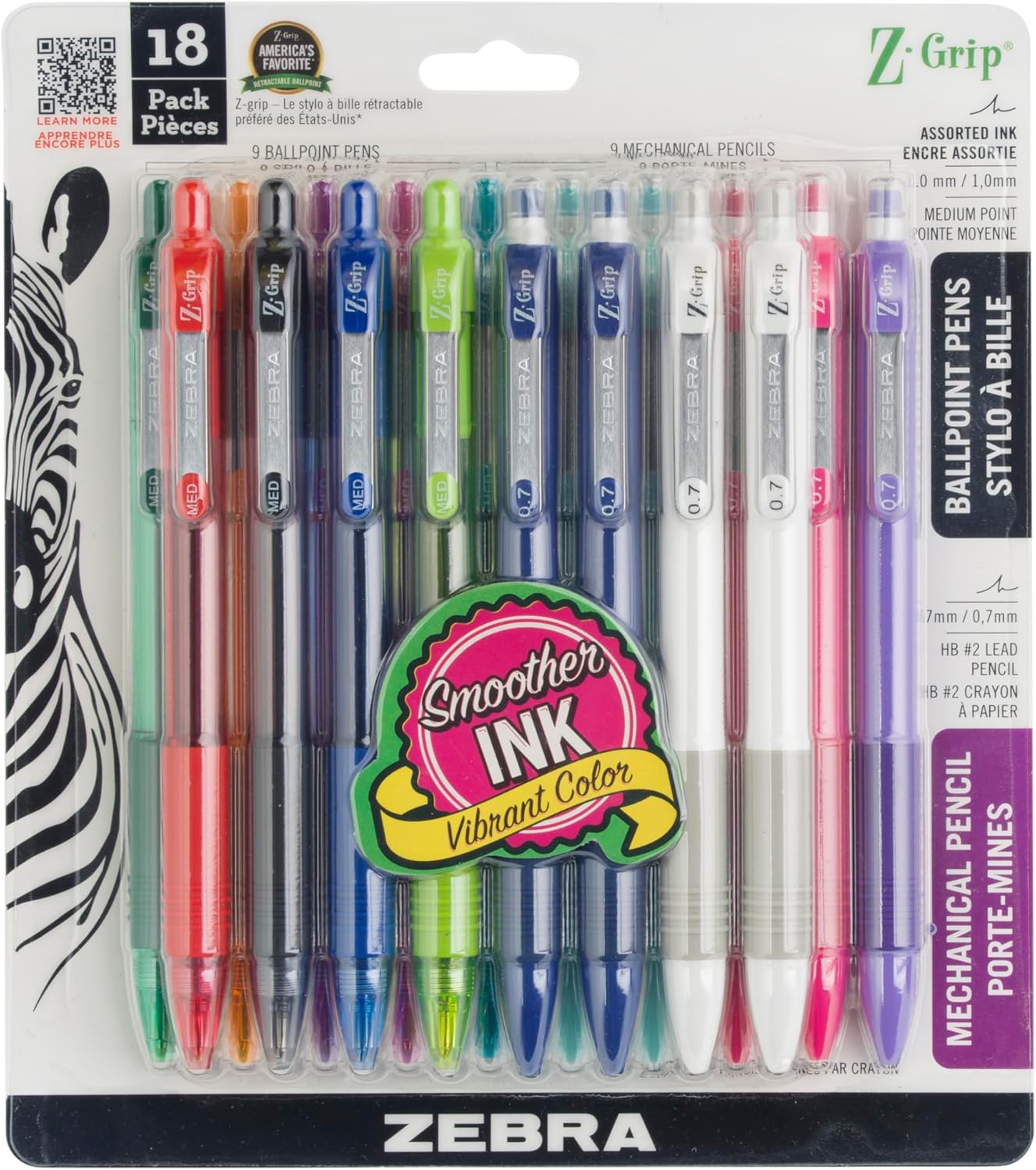 Zebra Pen Z-Grip Writing Set, Retractable Medium Point Ballpoint Pen and Mechanical Pencil, #2 HD Lead Pencils, Assorted Ink Colors, School Supplies, Ideal for Note-Taking, 18-Pack (23618)