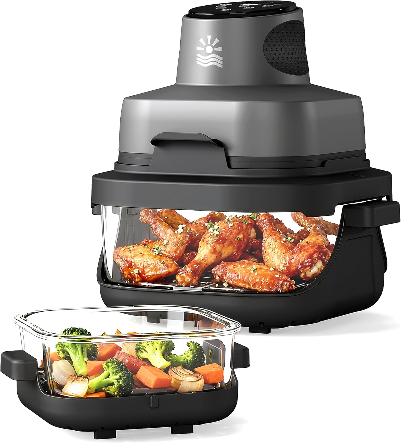 4-in-1 Portable Glass Air Fryer - 1500W, 400°F Precise Heat, 4.2QT & 1.6QT Dual Glass Containers and Lids, Non-Toxic, Max Crisp/Bake/Air Fry/Recrisp,Microwave, Freezer & Dishwasher Safe