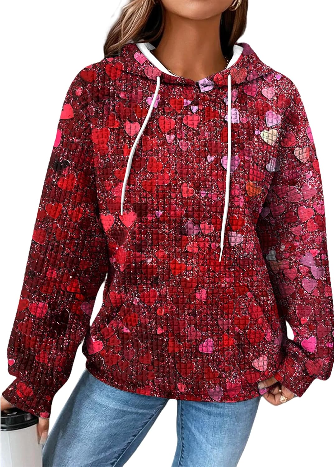 domirica Valentines Hoodies For Women Heart Print Pullover Waffle Outdoor Oversized Fashion Hooded 2025 Fashion Sweatshirt