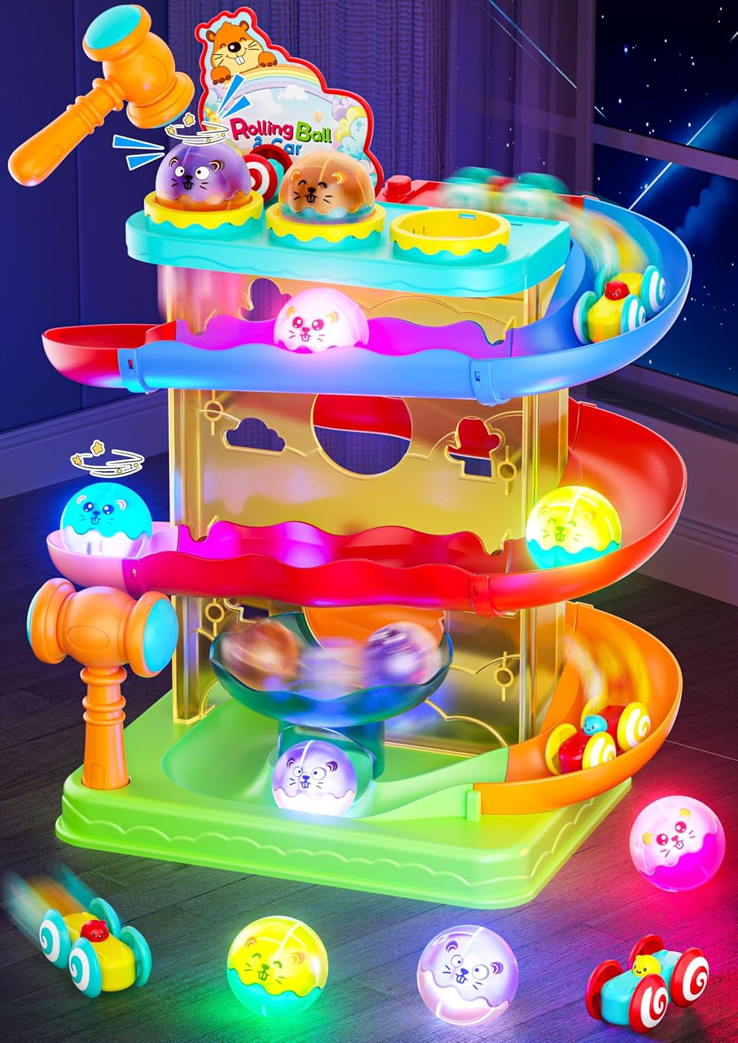 2-in-1 Rolling Ball & Car Ramp Race Track for Toddlers, Hammer Ball Drop Toy for Boys & Girls, Interactive Playset w/Sensor Lights - Montessori STEM Learning Toys for Kids 1-5+ Year Old