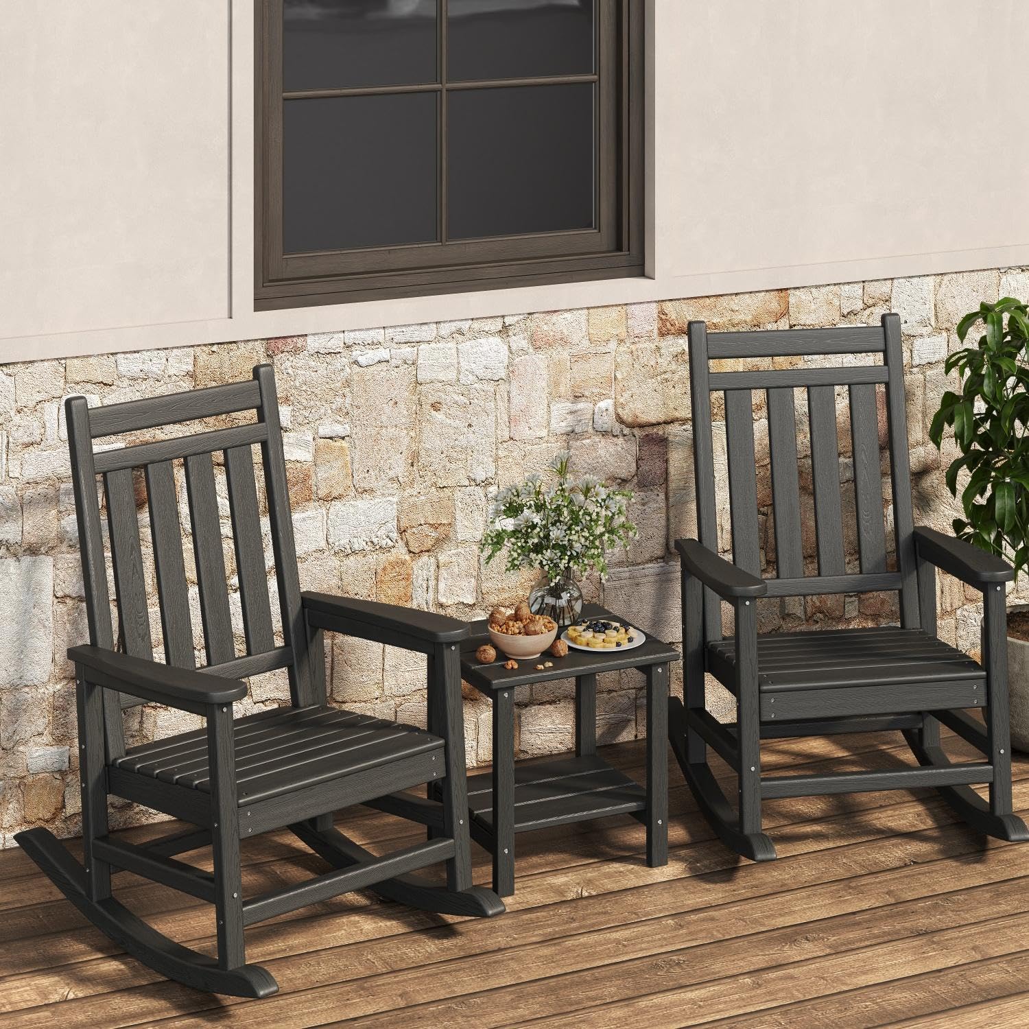 HDPE Rocking Chair Outdoor Set of 2 with Side Table, High Back Rocker | All Weather Resistant & Wood Textured Furniture for Patio Front Porch - Black