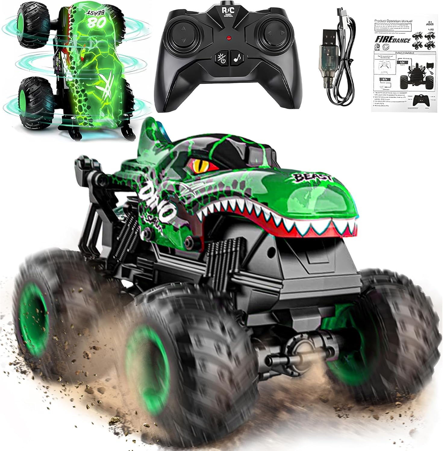 BEZGAR Monster Truck Toys - Remote Control Monster Truck with Light & Music, Dinosaur Toys for Kids, 1:20 Scale RC Truck with 360° Spins and Drifting, Remote Control Car for Boys 4-7