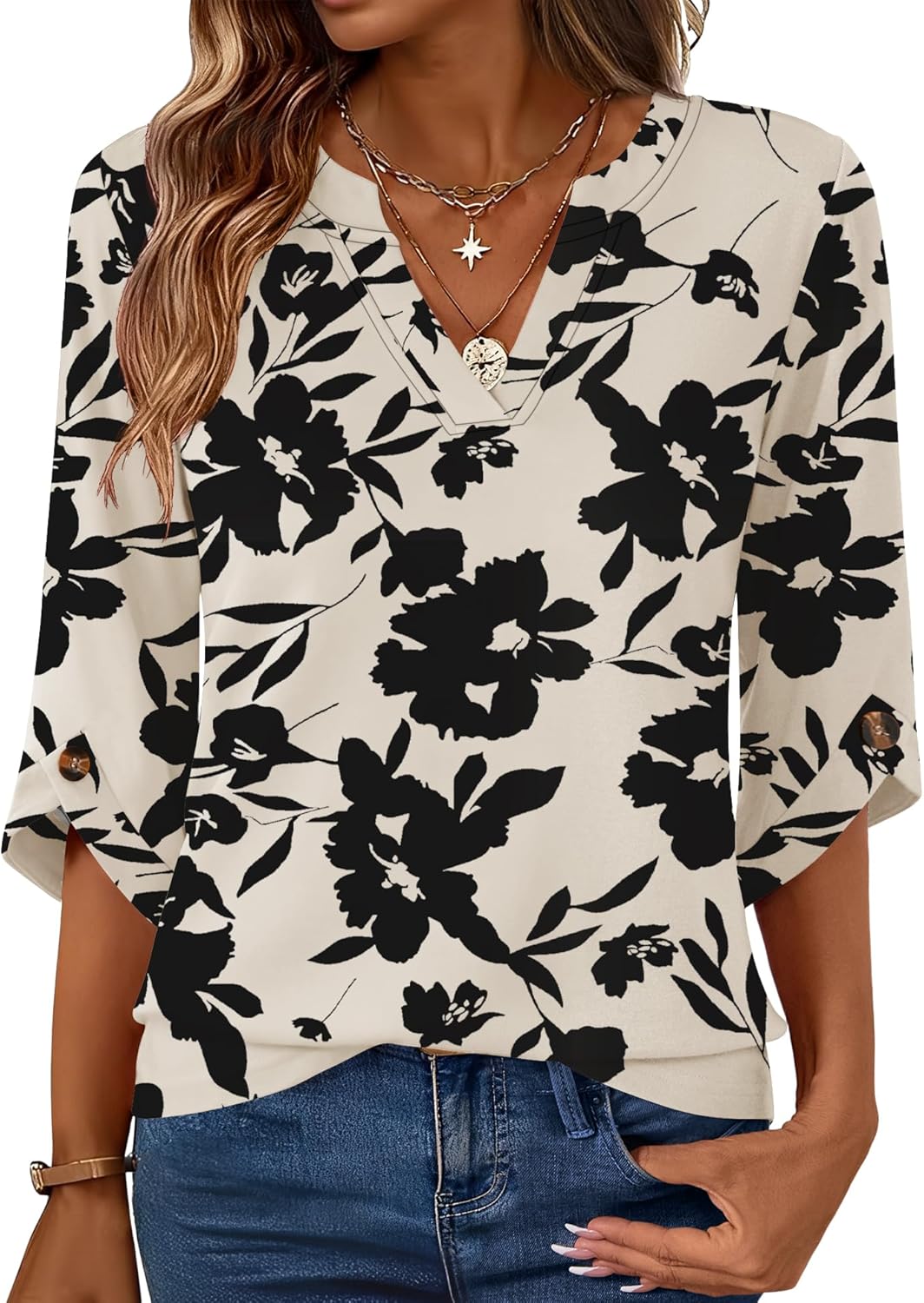 Kistore Womens 3/4 Length Sleeve Tunic Tops Dressy Casual V Neck Shirts Trendy Flowy Tees