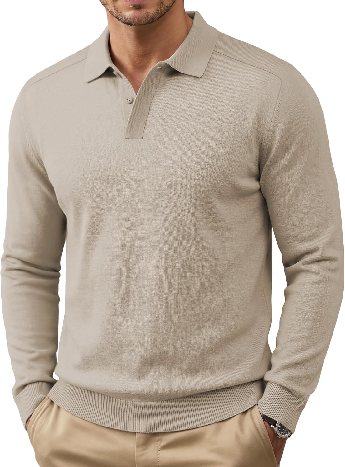 COOFANDY Mens Knit Polo Sweater Long Sleeve Polo Collared Sweaters Hidden Button Casual Pullover Sweater