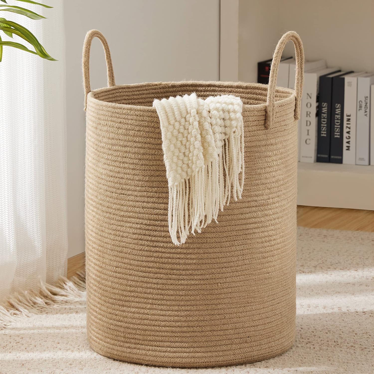 YOUDENOVA Jute Rope Laundry Hamper Basket, 58L Blanket Basket for Nursery | Large Woven Laundry Hamper with Sturdy Handles, Collapsible Home Decor Laundry Basket for Laundry, Clothes, Toys in Bedroom