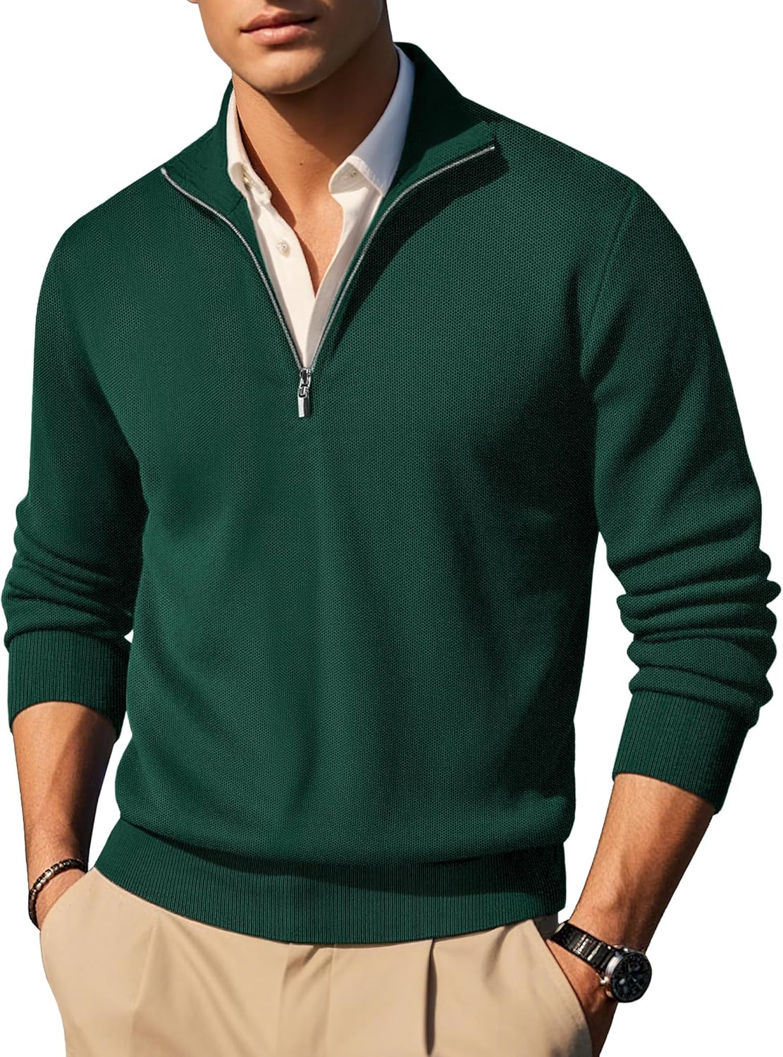 COOFANDY Mens Quarter Zip Pullover Slim Fit Lightweight Sweater Mock Neck Casual Polo Sweaters