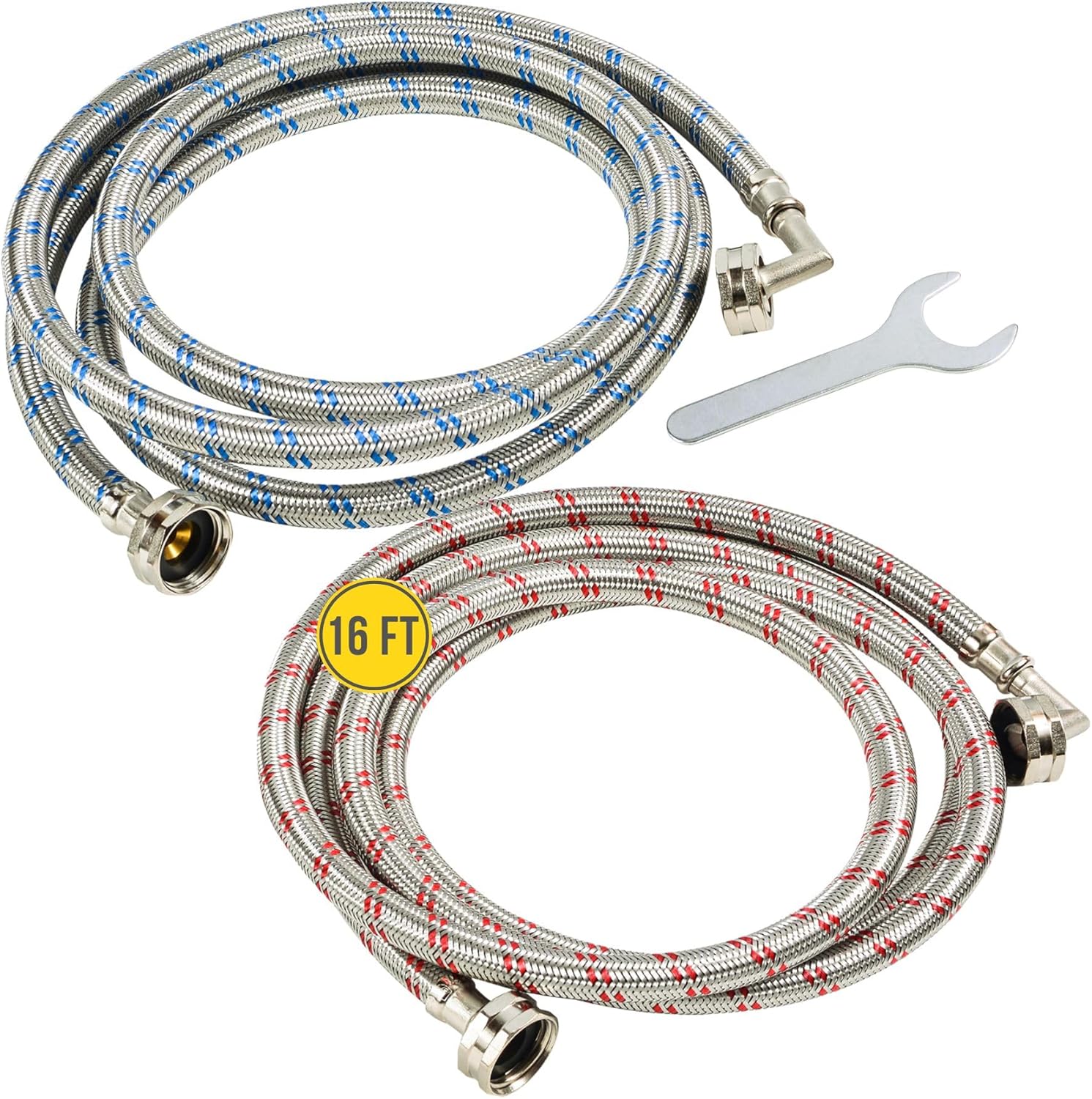 LONG Washing Machine Hoses (16FT) - 90° Elbow - OCTAGON Connections for Secure Tightening - Universal Fit to All Wash Machines - (2 Pack) Braided Stainless Steel - Burst Proof Washer Supply Hose