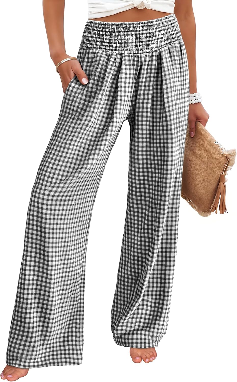 ANRABESS Womens Palazzo Pants, Striped & Gingham, Lounge & Casual, Cute Pajama Pants, Wide Leg, High Waisted, Pockets