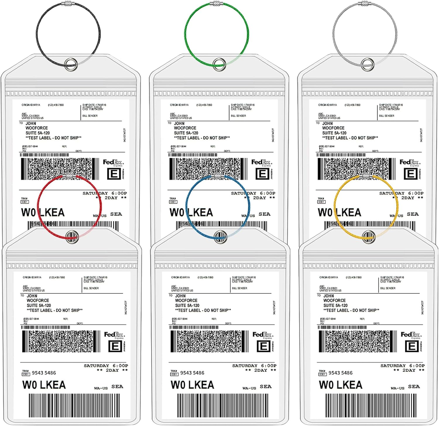 Extra Large Golf Luggage Tag Holders, 6 Pack Waterproof Plastic Zip Seal Pouch Shipping Label Holder with Sturdy Steel Loop for Golf Club Travel Luggage Bag (6 Pcs with 6 Colors Rings)