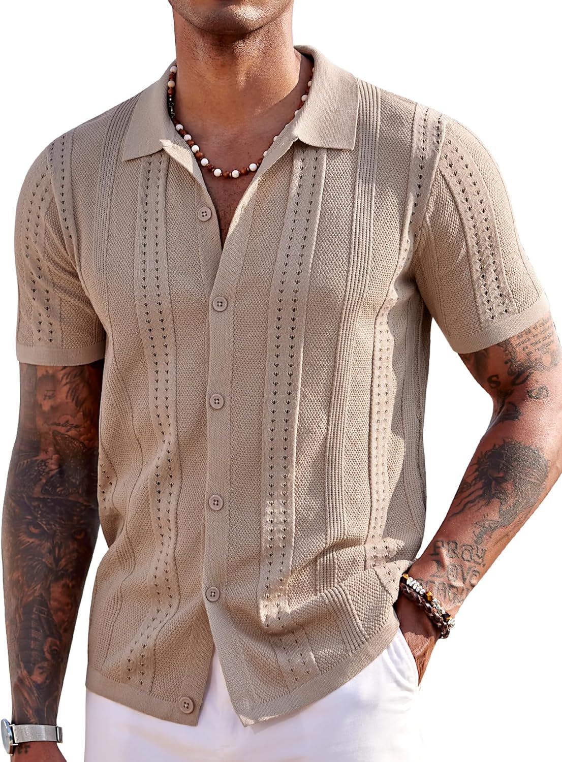 COOFANDY Men's Knit Shirts Short Sleeve Button Down Polo Shirt Fashion Casual Summer Beach Shirts