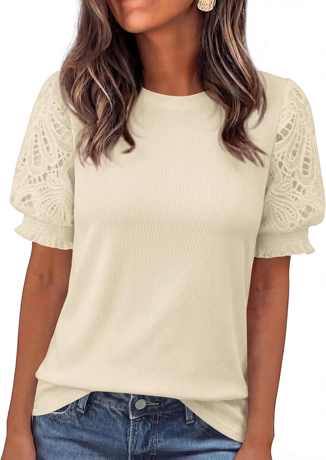 KIRUNDO Sweaters for Women 2026 Summer Casual Crewneck Going Out Tops Dressy Puff Short Sleeve Lace Blouse Trendy Clothes