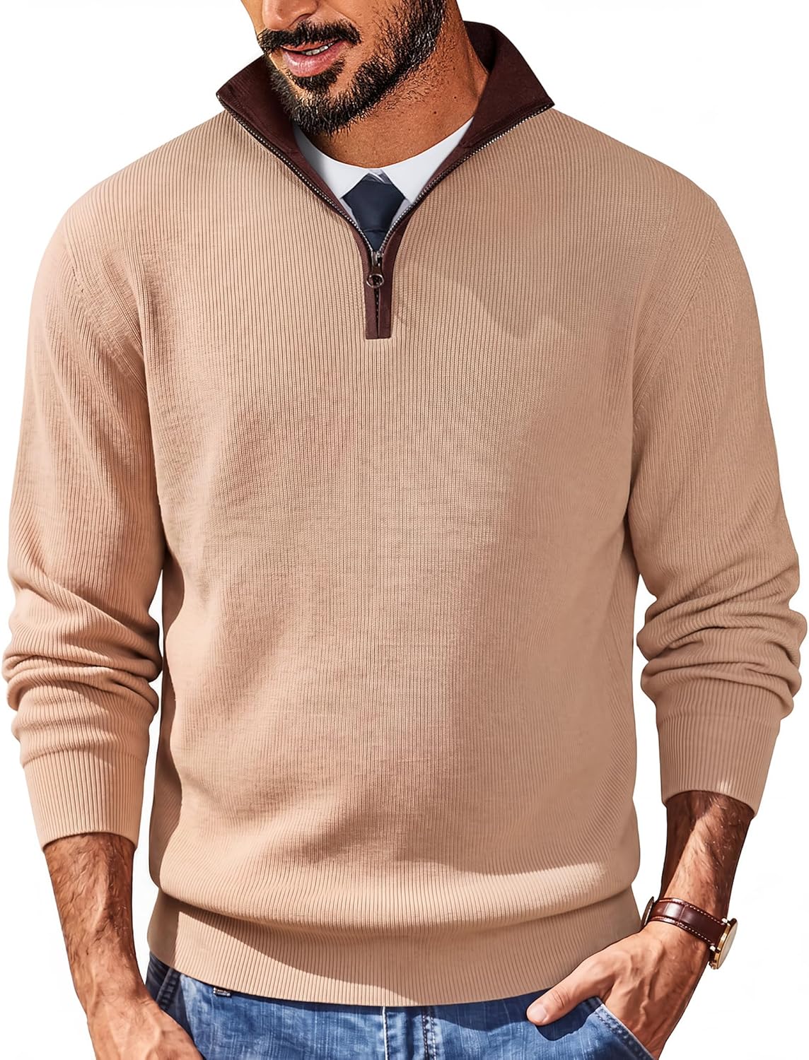 COOFANDY Mens Quarter Zip Sweater Slim Fit Mock Neck Pullover Casual Knitted Ribbed Polo Sweaters