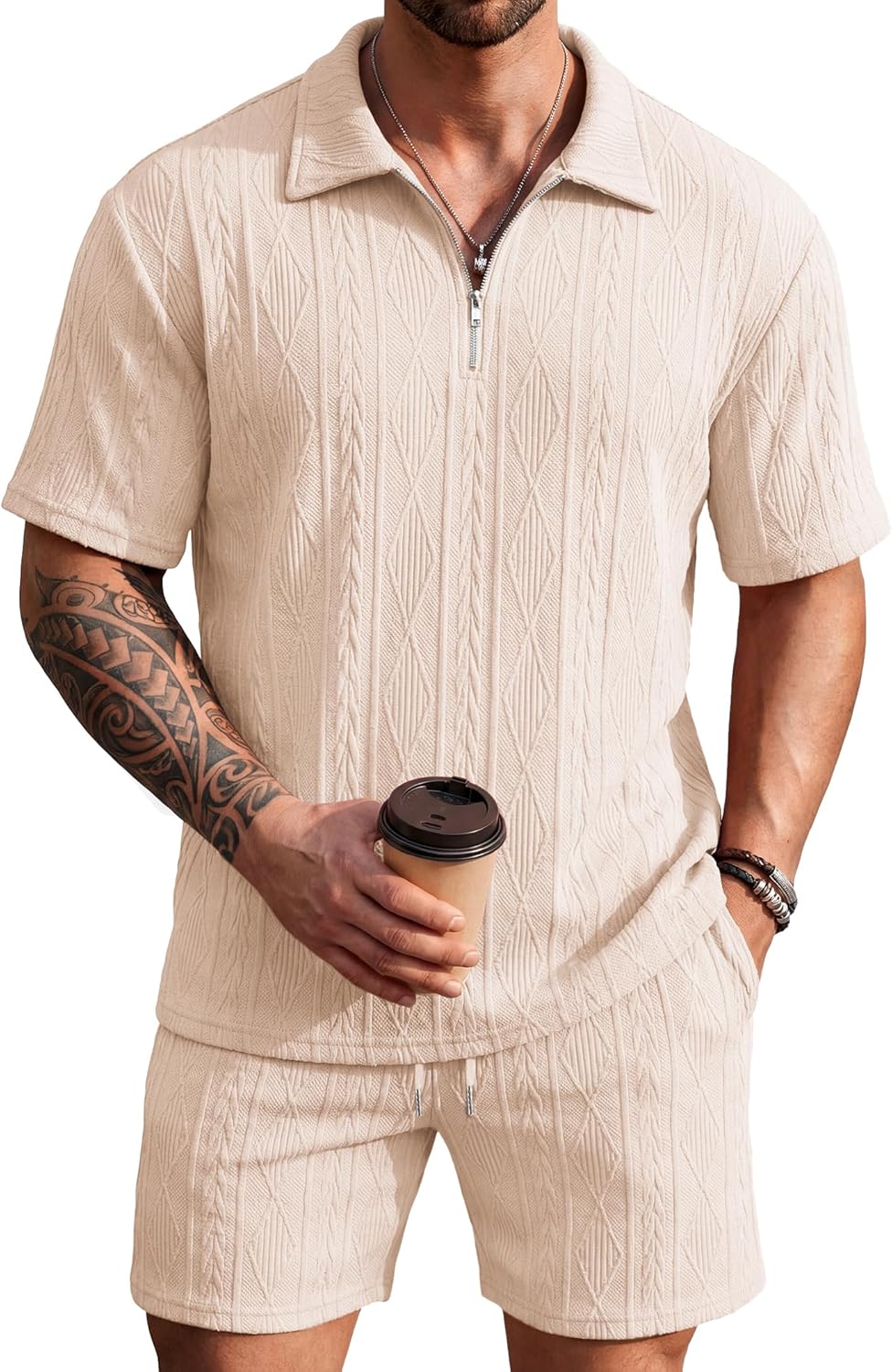 COOFANDY Men's 2 Piece Set Summer Beach Vacation Outfits Quarter Zip Polo Shirt and Shorts Sets