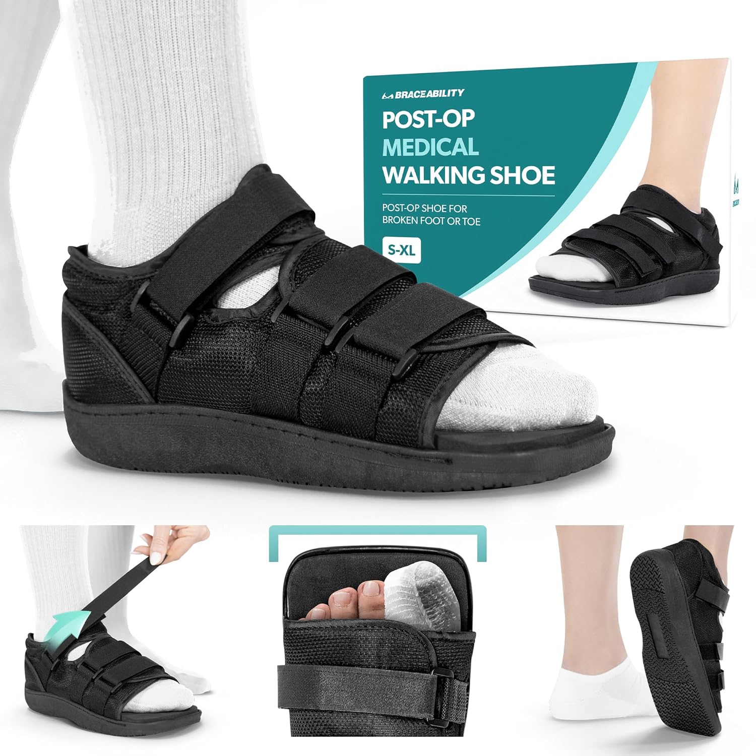 BraceAbility Post Op Shoe - Adjustable Orthopedic Medical Walking Boot for Broken Foot, Broken Toe, Stress Fracture and Injuries, Universal Cast Shoe for Men and Women After Foot Surgery (L - Female)