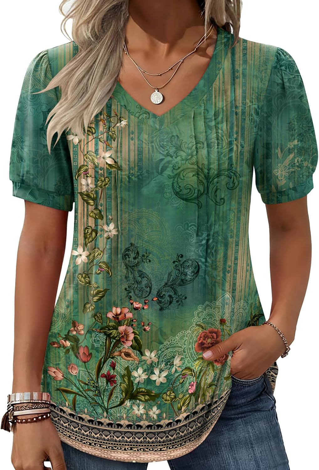 Zeagoo Women's Puff Short Sleeve Boho Shirts Casual V Neck Floral Solid Summer Blouse Pleated Tunic Top