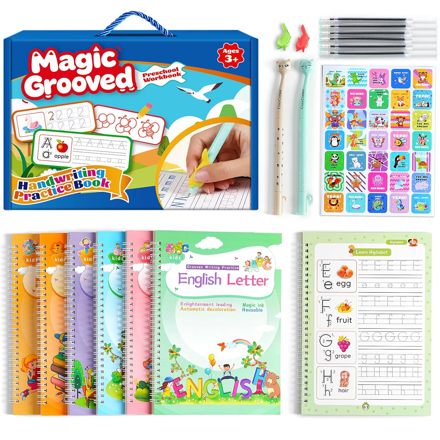 Magical Handwriting Workbooks Handwriting Practice Copybook, Handwriting Aid Magic Pen Reusable Copybook Grooves Template Design for Children Books Suitable for Children's Learning (6)