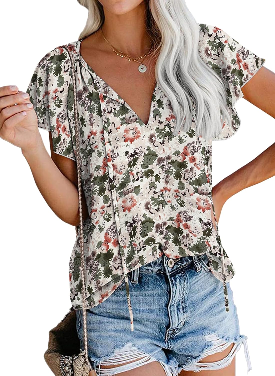SimpleFun Women's Boho Tops Floral V Neck Short Sleeve Summer Blouse Shirts